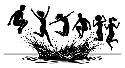 Obraz premium Jumping People Silhouettes, Splashing Water, Black Vector Icons, Summer Fun, Active Lifestyle