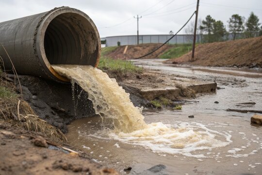 Dirty water flows from a broken pipe into muddy ground