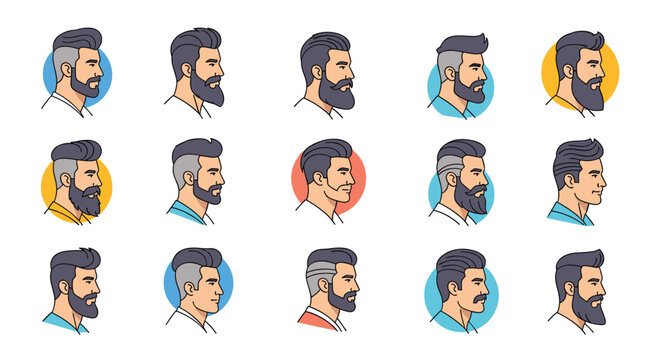 Collection of male profile portraits with various beard styles and modern hairstyles shown in circular blue frames.
