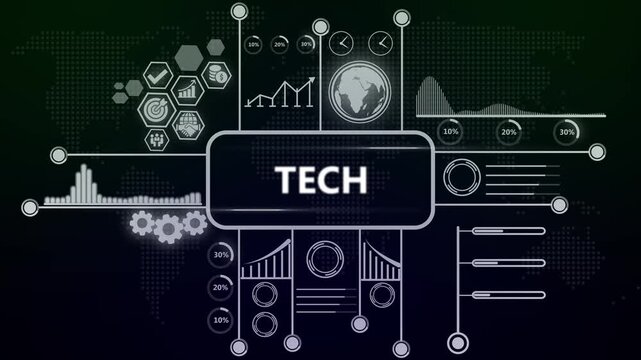 Digital technology hud interface with animated data analytics and global network graphs