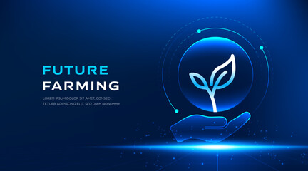 Future Farming technology banner with glowing digital agriculture concept on dark blue background. Smart farming vector illustration for agritech presentation, innovation, sustainability © StudioPixel2