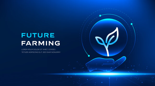 Future Farming technology banner with glowing digital agriculture concept on dark blue background. Smart farming vector illustration for agritech presentation, innovation, sustainability