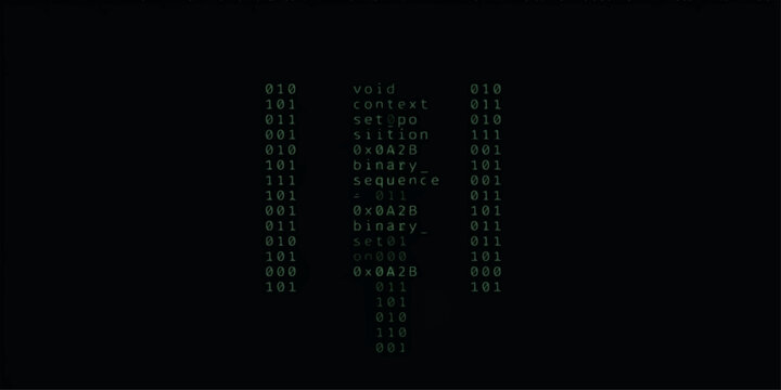 Green binary code three column layout with programming keywords on black background for developer presentation and cyber technology design
