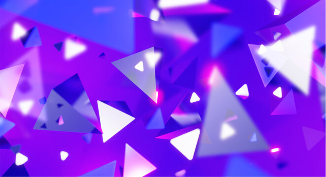 Vibrant purple background with scattered white and pink triangles geometric shapes floating in air abstract design