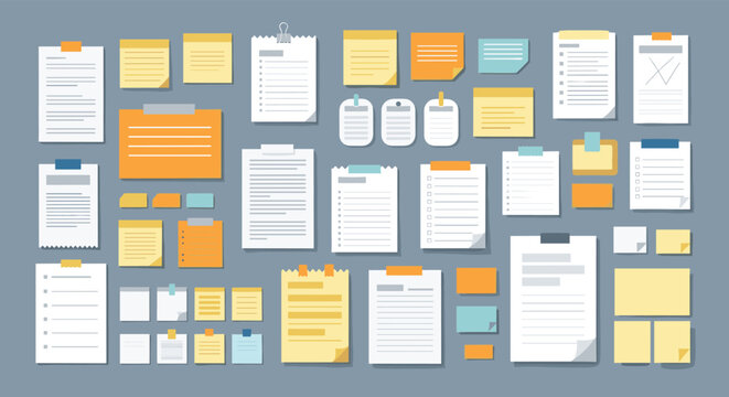 Large collection of paper notes, reminders, and office documents of various shapes and colors pinned to a grey wall.