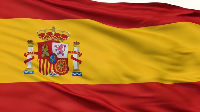 Spain flag waving with coat of arms against a white background for national holidays.