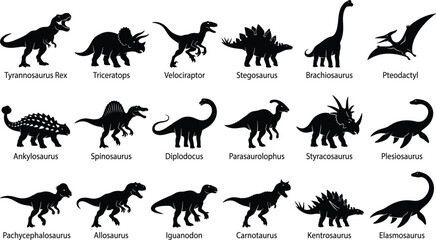 Dinosaur Silhouette Collection Featuring Tyrannosaurus Rex Triceratops Velociraptor Stegosaurus and Prehistoric Jurassic Creature Vector Set © Liton