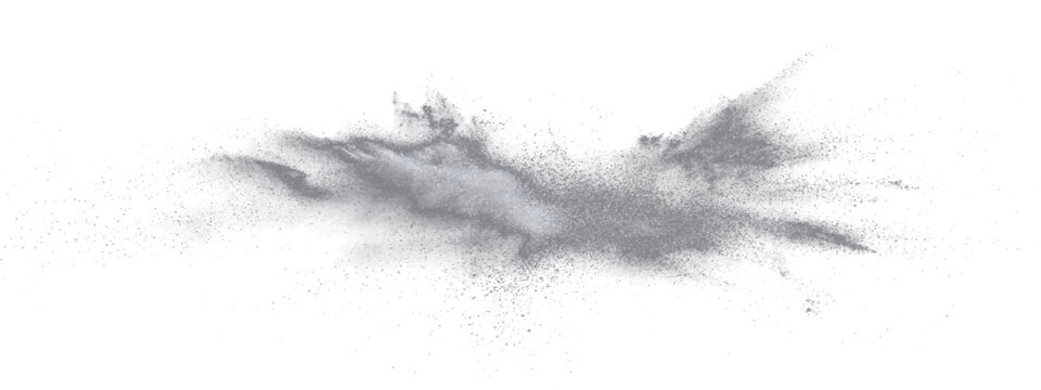 Abstract grey powder explosion with particles scattering, suggesting a dynamic and chaotic event.