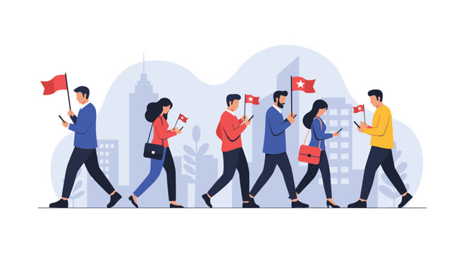Group of diverse people walking in the city while distracted by their smartphones and holding small flags with star symbols.