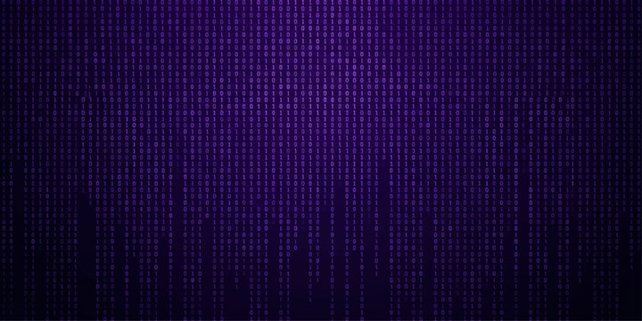 Dark violet purple binary code dense tiny vertical columns on deep background for cyberpunk gaming and digital entertainment design use