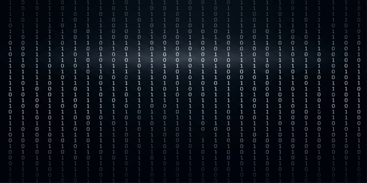 Dark navy binary code matrix rain with radial center glow burst on deep blue background for cybersecurity banner and sci-fi technology design