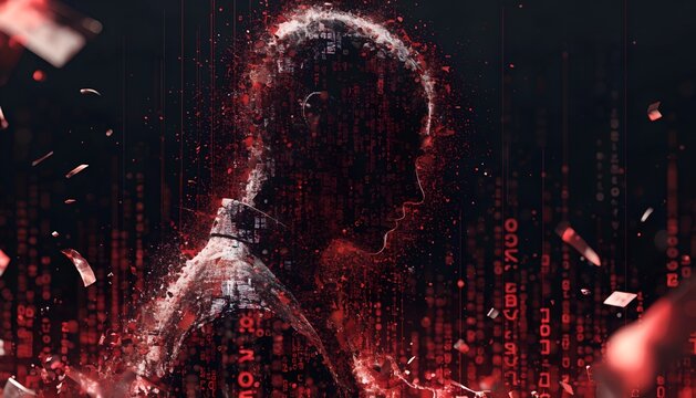 Glitchy silhouette, digital human face, red code background, futuristic technology