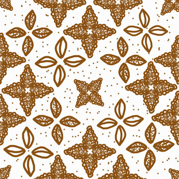 Hand-drawn seamless batik pattern with blooming jasmine flowers and pearl leaves. Traditional Indonesian floral motif vector illustration.