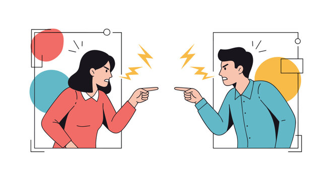 Man and woman having a heated argument while pointing fingers at each other during a conflict or disagreement in a stylized frame.