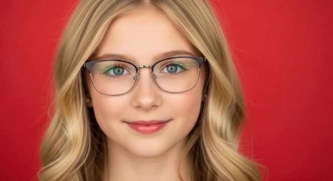 Portrait of a smiling young blonde girl wearing stylish eyeglasses against a red background.