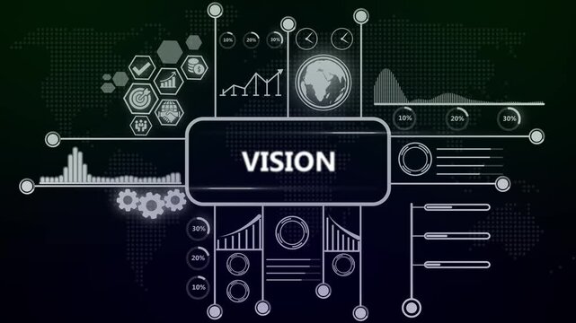 Business vision strategy infographic with animated data analytics and global network