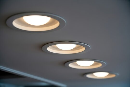 Row of modern circular recessed LED ceiling lights glowing in the dark