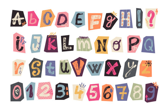 Grunge ransom note alphabet vector set. Funky modern brush stroke cutout letters and numbers. Collage typography elements with scrapbooking decorations for poster, cover and social media.