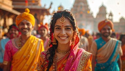 Fototapeta premium Beautiful Indian Woman Smiling in Traditional Clothing During Cultural Festival