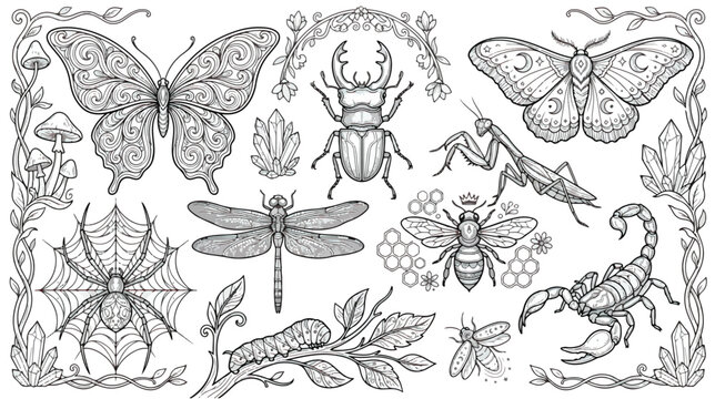 Mystical insect collection with butterfly and beetle, celestial moth and dragonfly line art, occult bug illustrations for coloring book or tattoo design