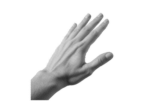 Stylized Grayscale Halftone Render of an Open Hand with Spread Fingers Isolated on White