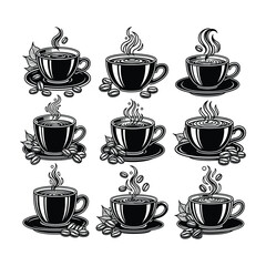 Obraz premium Nine Coffee Cups With Steam And Coffee Beans Art Illustration