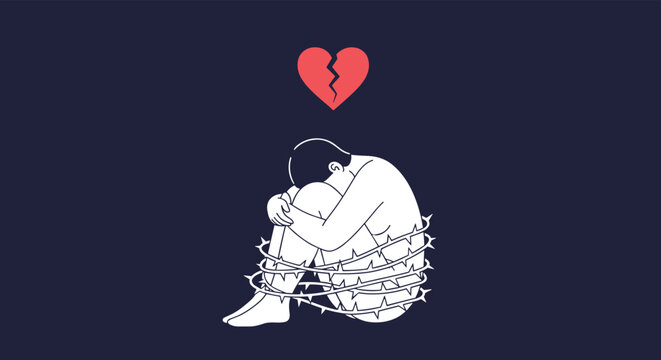 Emotional illustration of a person curled up in distress surrounded by thorns with a broken heart above for depression and grief concepts.