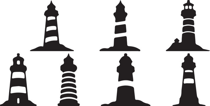 Black and white lighthouse silhouettes collection for nautical design
