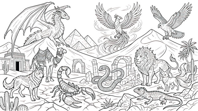 Mythical creatures and desert animals coloring page vector, fantasy dragon and phoenix line art, ancient ruins and desert landscape illustration