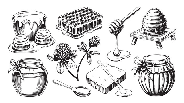 Honey production and culinary uses illustrated in a set of nine black and white vector graphics including honeycomb, honey dipper, and honey jars with flowers and toast.