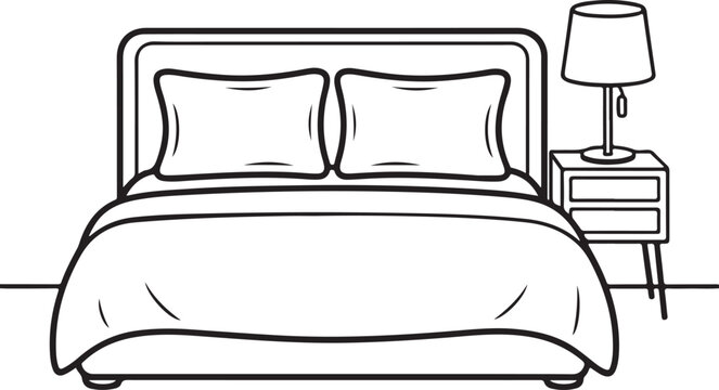Simple black and white vector illustration of a comfortable double bed with two pillows and a modern bedside lamp
