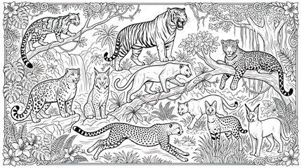 Intricate wild cats coloring page vector, detailed jungle animals line art, exotic big cats in tropical forest landscape, botanical nature illustration © chouadhrynuman