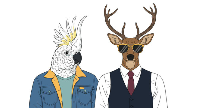 Surreal fashion illustration of a cockatoo in a denim jacket and a deer wearing sunglasses and a formal vest.