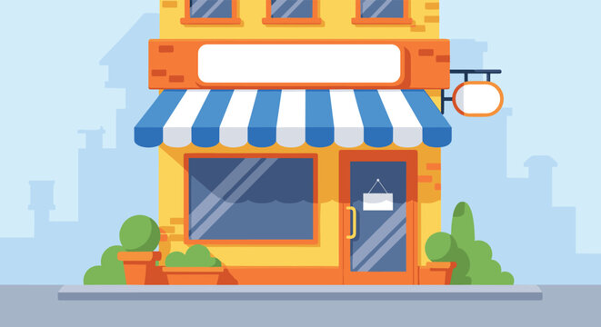Charming small shop storefront with yellow walls blue and white striped awning and a blank white sign board mock up.