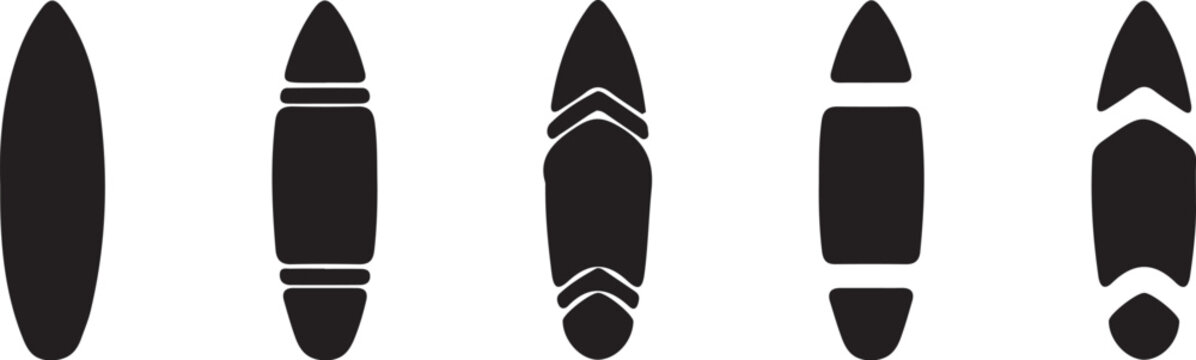 Set of five different surfboard silhouettes on white background