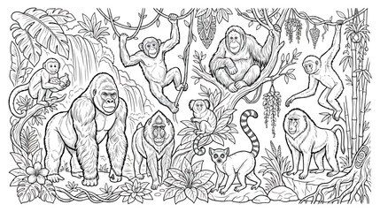 Jungle animals coloring page vector, wild monkey and gorilla in tropical rainforest, exotic primate wildlife line art illustration for kids © chouadhrynuman