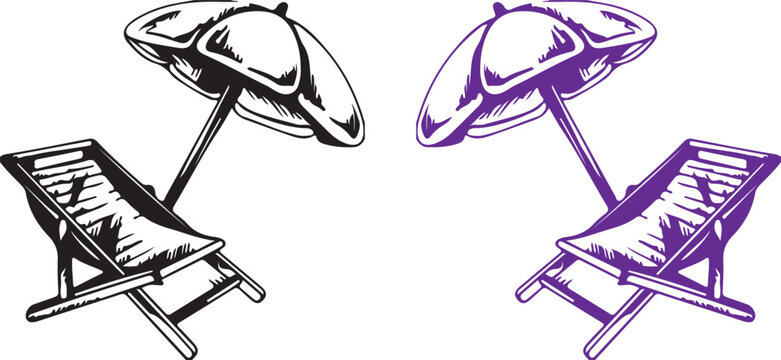 Beach chair and parasol set vintage engraving style black and purple versions