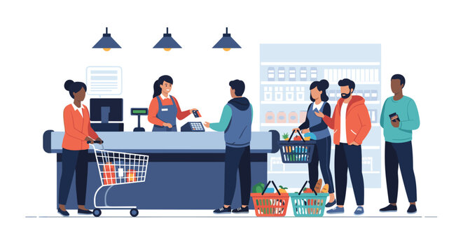 Customers standing in line at a busy supermarket checkout counter with grocery baskets and a professional cashier working.