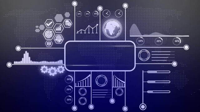 Digital business infographic dashboard with animated data charts and global analytics