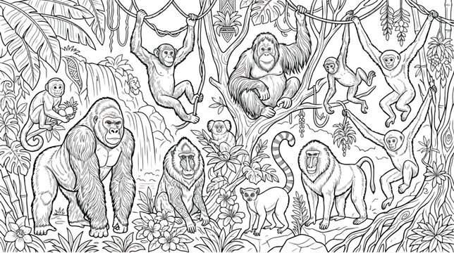Jungle animals coloring page vector, tropical rainforest landscape with monkeys and gorillas, wild primate habitat line art for kids activity book