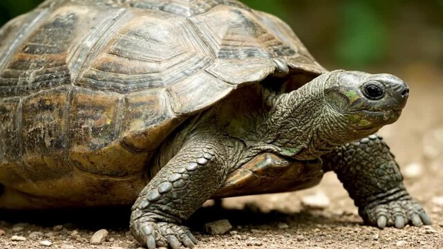 Close-up of a large tortoise slowly walking on natural ground showcasing its intricate shell and ancient appearance in a wildlife setting