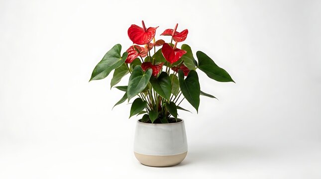 Red anthurium plant in modern ceramic pot studio lighting