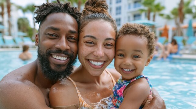 Happy diverse family with young child smiling and swimming in a resort pool.