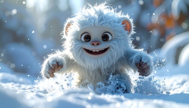 A happy cartoon yeti playing in snow.