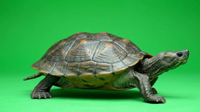 A detailed studio shot of a turtle walking on a vibrant green background perfect for wildlife education nature concepts or pet-related content