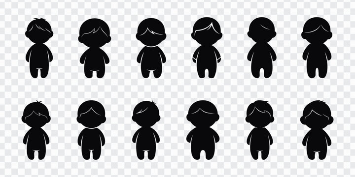 Set of cute black ninja character silhouettes in varied standing and action poses, featuring chibi-style masked figures for stickers, icons, games, avatars, and playful graphic design projects.