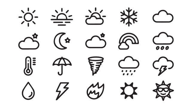Weather icons set including sun cloud moon rainbow and temperature symbols in a simple vector graphic design for use in digital applications and interfaces