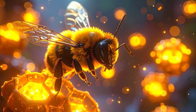 A bee on a honeycomb with glowing honey.