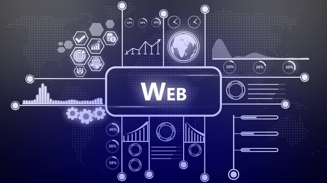 Digital web technology infographic with animated data charts and global network connectivity