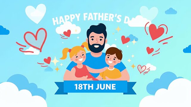 Happy Father's Day illustration with a father and children on a blue sky background!